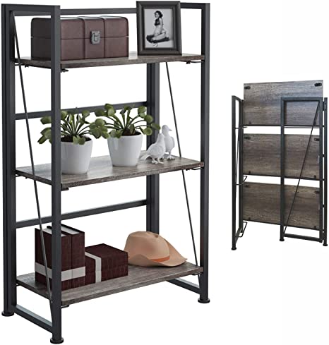 4NM No-Assembly Folding-Bookshelf Storage Shelves 3 Tiers Vintage Bookcase Standing Racks Study Organizer Home Office 23.62 x 11.61 x 37.6 Inches