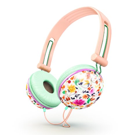 Ankit Fat Bass Over the Ear Noise Isolating Cute Pastel Peach Floral Headphones, iPhone, Android Compatible