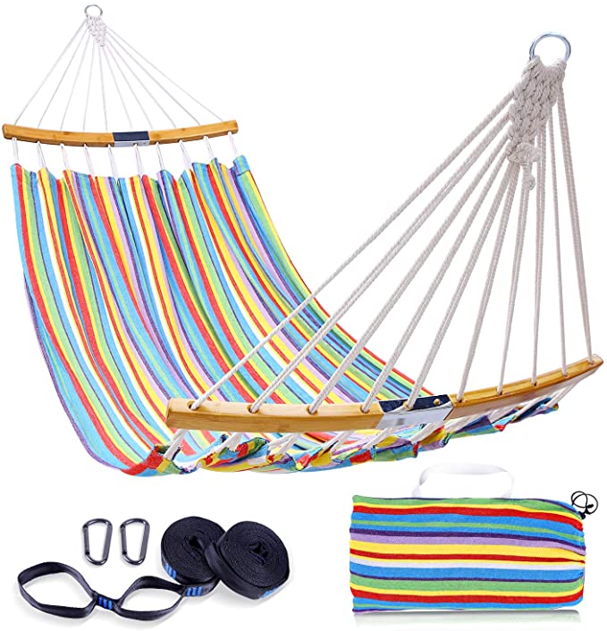 Double Hammock Swing with Tree Straps, Ohuhu Folding Curved-Bar Design Bamboo Hammock with Carrying Bag, Colorful 2 Person Portable Hammock for Patio, Backyard, Camping, Indoor Outdoor Use, Ideal Gift for Father's Day Birthday Parents Family