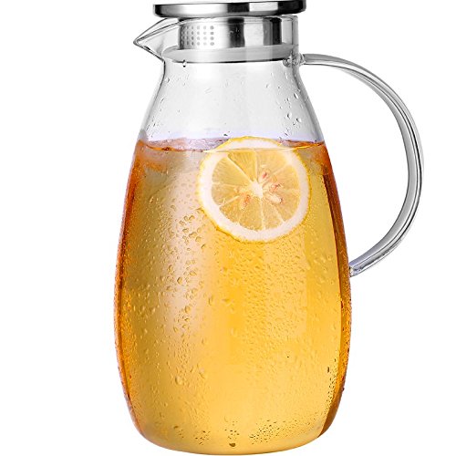 JIAQI 2.6 Liter Large Glass Water Pitcher with Stainless Steel Strainer Lid and Spout, Hot/Cold Water Jug, Juice and Iced Tea Beverage Carafe with Handle QLYGYBL629