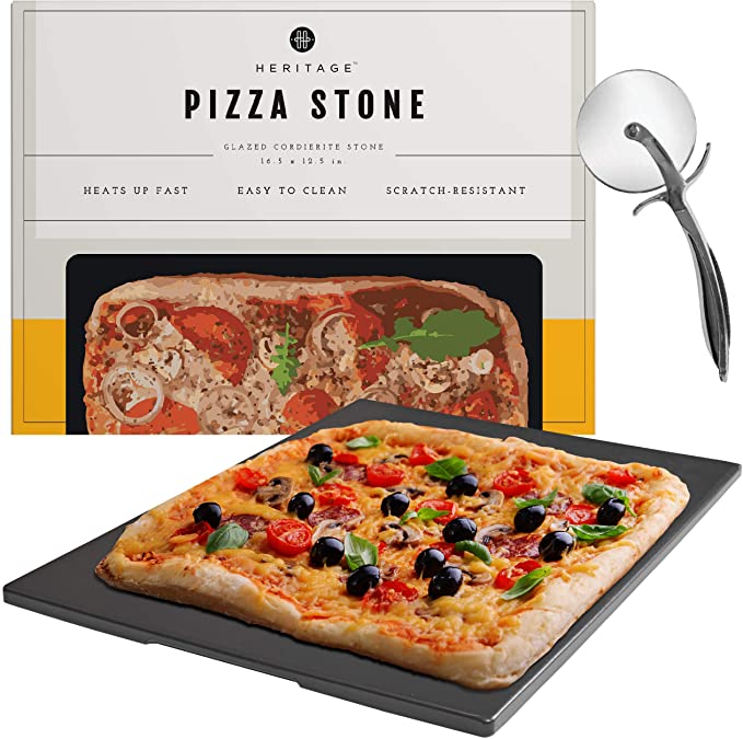 Heritage Square Pizza Stone - Pizza & Bread Baking Stones For Gas Grill, Oven Baking - Black Ceramic Pan, Stainless, No-Smoke - Wheel Pizza Cutter - Housewarming Gifts