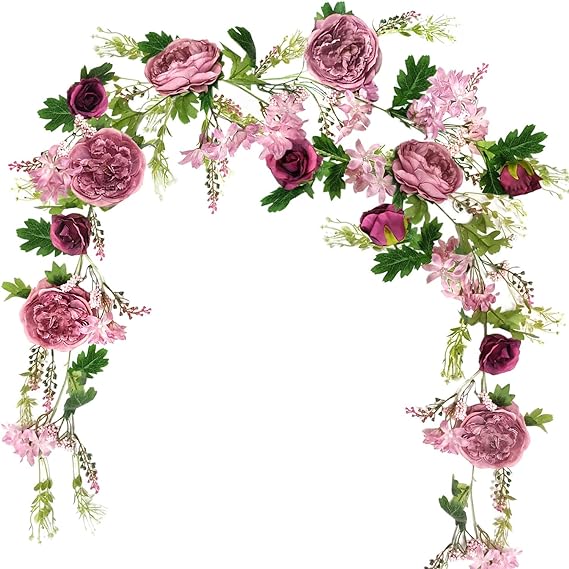 Peony Flower Garland, Rose Flower Swag, 6' Wedding Arch Flowers for Wedding Decor Home Table Runner Mantle Party Décor (Dusty Peony Garland)