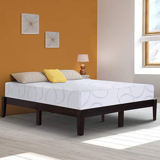 Ecos Living 14 Inch High Rustic Solid Wood Platform Bed with Natural Finish/No Box Spring/No Squeak, Dark Brown, King