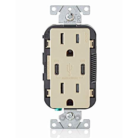 Leviton T5635-I USB Dual Type-C with Power Delivery (PD) In-Wall Charger with 15 Amp, 125 Volt Tamper-Resistant Outlet, Ivory