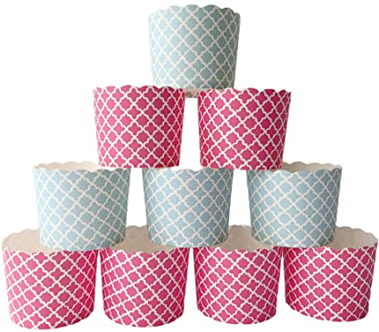 Paper Baking Cups 90-Pack 6 Oz Greaseproof Baking Cups Cupcake Muffin Cases Disposable Cupcake Wrappers For Birthday Baby Shower Wedding And Party-Pink Quadrafoil And Blue Quadrafoil