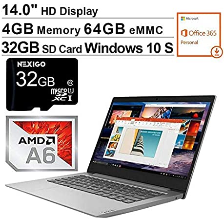 2020 Lenovo IdeaPad 14 Inch Laptop| AMD A6-9220e up to 2.4 GHz| 4GB RAM| 64GB eMMC| WiFi| Windows 10 S (1 Year Office 365 Personal Included)   NexiGo 32GB SD Card Bundle