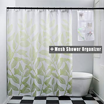WdFour Gradual Green Leaves Printing Fabric Shower Curtains for Bathroom with 6 Pockets Mesh Shower Organizer, Metal Grommets Machine Washable Water Repellent Extra long Shower Curtain, 54 x 78, Green
