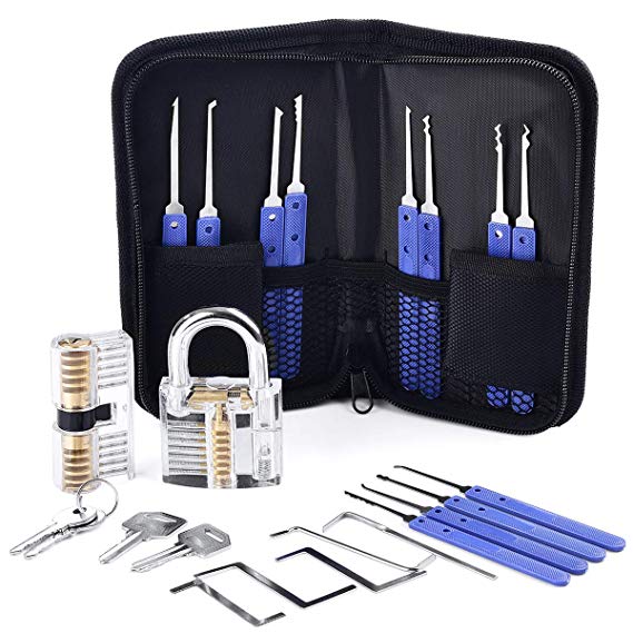 Diyife Lock Pick Set, [28 Pieces] [Updated Version] Premium Practice Lock Picking Tools with 2 Transparent Training Padlock for Lockpicking,Guide for Beginner and Locksmith Training(Blue)
