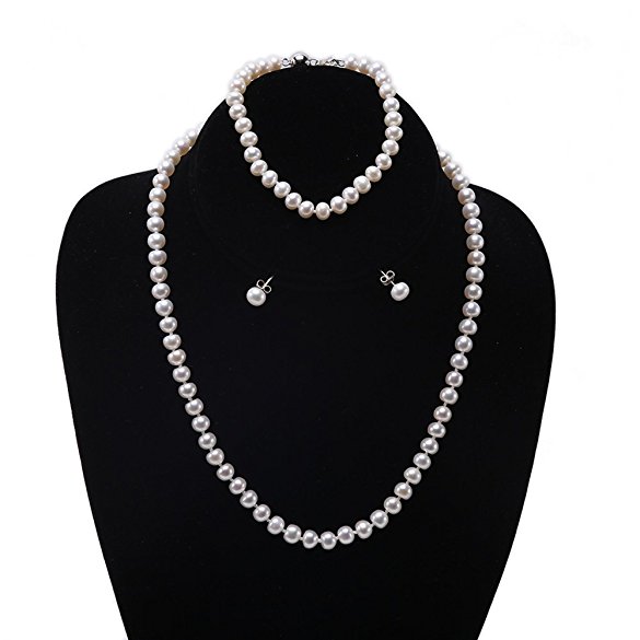 JYX White Freshwater Cultured Pearl Necklace Bracelet Earrings Jewelry Set