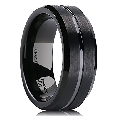 King Will CLASSIC 8mm Black Tungsten Carbide Wedding Band Ring Polished Finish Grooved Center Comfort Fit