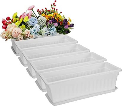 Fasmov 5 Pack 17 Inches White Flower Window Box Plastic Vegetable Planters with Trays Vegetables Growing Container Garden Flower Plant Pot for Balcony, Window Sill, Patio, Garden