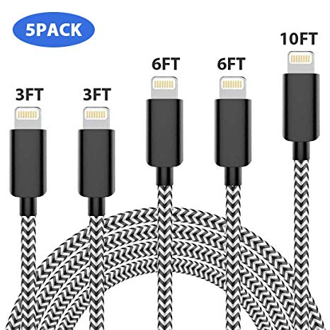 Phone Charger Cable,Vasea 5pack (3ft 3ft 6ft 6ft 10ft) Nylon Braided Charger Cord USB Fast Charging Cable Compatible Phone X 8 8 Plus 7 7Plus 6s 6sPlus 6 6Plus 5 5s SE Pad Pod and More (Black)