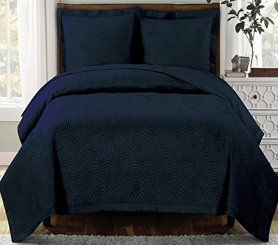 Modern Navy Blue Scroll Solid Lightweight Quilt Bedding Set King/Cal King Oversized