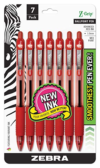 Zebra Pen Z-Grip Retractable Ballpoint Pen, Medium Point, 1.0mm, Red Ink, 7-Count