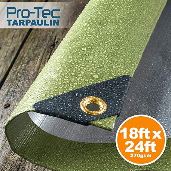 270GSM Tarpaulin Extra Heavy Duty Builders Waterproof Ground Sheet Cover Green & Silver (18ft X 24ft - Green/Silver)