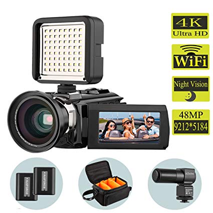 Video Camera, 4K Camcorder AiTechny Digital Camera 48MP 16X Digital Zoom Recorder WiFi Camera 3.0" Touch Screen IR Night Vision Camcorder With Microphone Wide Angle Lens LED Video Light DV bag