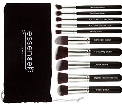 Essencell Kabuki Labeled Makeup Brushes Premium Professional Makeup Brush Set - Foundation,Powder, Blending Blush Bronzer, Concealer Contour, Eye Shadow Cosmetic Brush Kit (10PCs, Black Sliver)