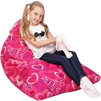 5 STARS UNITED Stuffed Animal Storage Bean Bag - Cover Only - Large Triangle Beanbag Chair for Kids - 180+ Plush Toys Holder - Floor Pillows Organizer for Girls - 100% Cotton Canvas - Little Princess