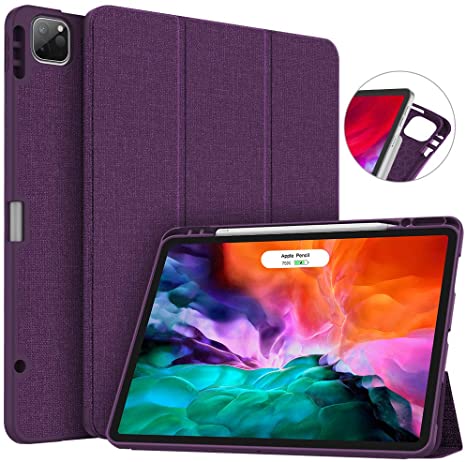 Soke New iPad Pro 12.9 Case 2020 & 2018 with Pencil Holder - [Full Body Protection   Apple Pencil Charging   Auto Wake/Sleep], Soft TPU Back Cover for 2020 iPad Pro 12.9(Purple)