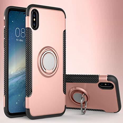 iPhone X Magnetic Car Phone Stand Case,Inspirationc 2 in 1 Shockproof 360 Degree Rotating Ring Stand with Rubber Case for iPhone X--Rose Gold