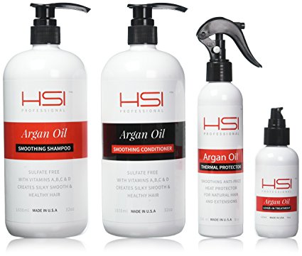 HSI Professional Wet Line Styling Set with Argan Oil Infused Smoothing Shampoo and Conditioner, Thermal Protector 450 and Argan Oil Leave in Treatment, 4 Count