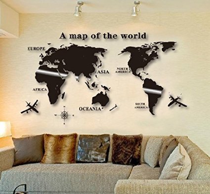 Ning store Small Size Removable DIY Acrylic Mirror Wall Sticker a Map of the World Mirror Wall Sticker Living Room Bedroom Wall Decor (Black)