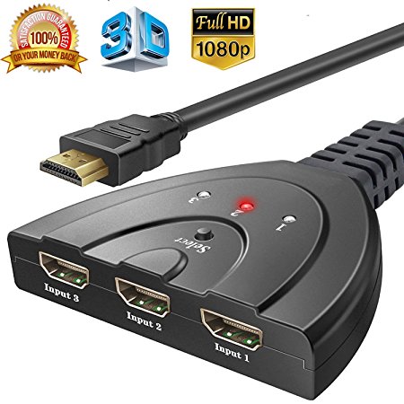 HDMI Switch splitter 3 in 1 out ports with High Speed Pigtail Cable Supports 1080P&3D, HD Audio