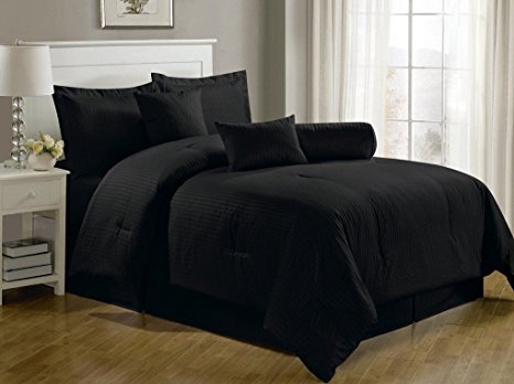 Chezmoi Collection 7-Piece Hotel Dobby Stripe Comforter Set, King, Black