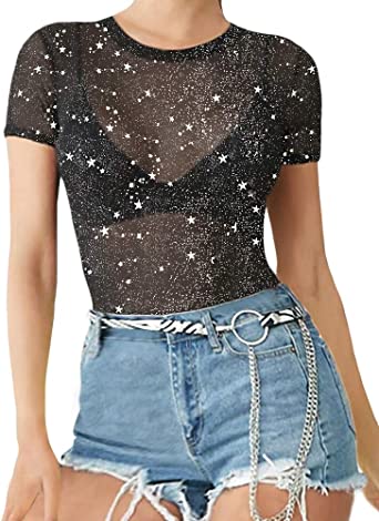 MANGOPOP Women's Long Sleeve Short Sleeve Glitter Sheer Mesh Tops T Shirt Blouse Clubwear