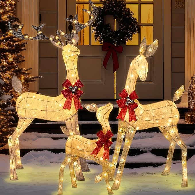Super Large 3 Pieces Lighted Reindeer Christmas Decoration Family Set, Christmas Deer Family Decor Outdoor Yard Christmas Decorations with 240 LED Lights, Stakes, Zip Ties, White