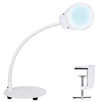 Psiven Dimmable Magnifying Glass Desk Lamp - Lighted Magnifier with Stand & Clamp, Magnifying Glass with Light for Close Work, Reading, Workbench, Crafts, Hobbies, Task, Sewing, Soldering - White