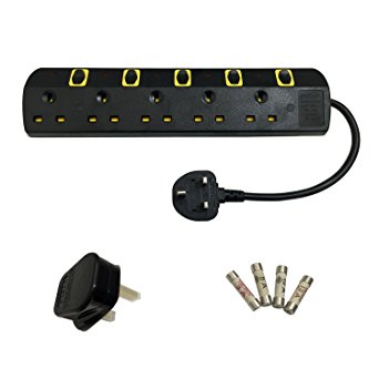 TISDLIP Switches Extension Lead Surge Protection 5-Gang 6.56FT or 2M Black