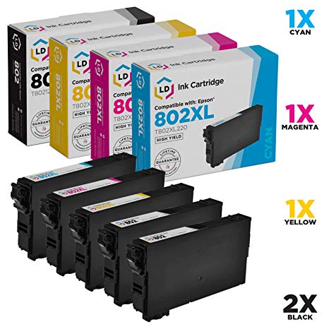 LD Remanufactured Ink Cartridge Replacements for Epson 802 (2 SY Black, 1 XL Cyan, 1 XL Magenta, 1 XL Yellow, 5-Pack)