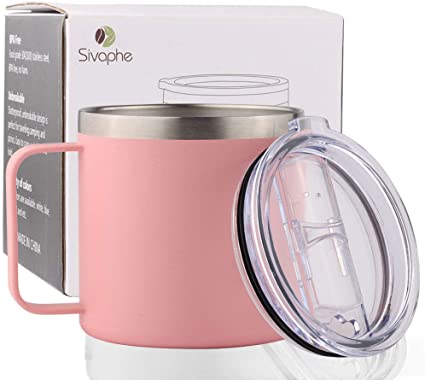 Travel Coffee Mug with Handle Stainless Steel by Sivaphe Insulated Double-Wall Vacuum Sealed Pink Tumbler 14 OZ for women