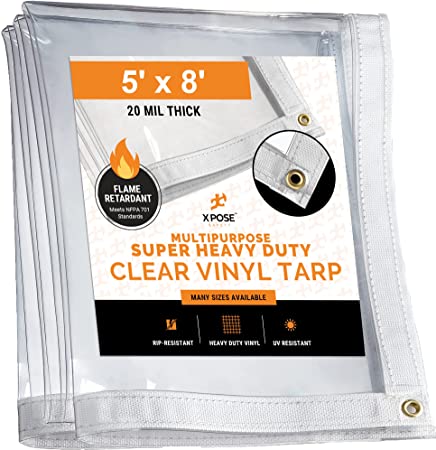 5' x 8' Clear Vinyl Tarp - Fire Retardant 20 Mil Super Heavy Duty Transparent Waterproof PVC Tarpaulin with Brass Grommets - for Patio Enclosure, Temporary Wall, Multipurpose - by Xpose Safety