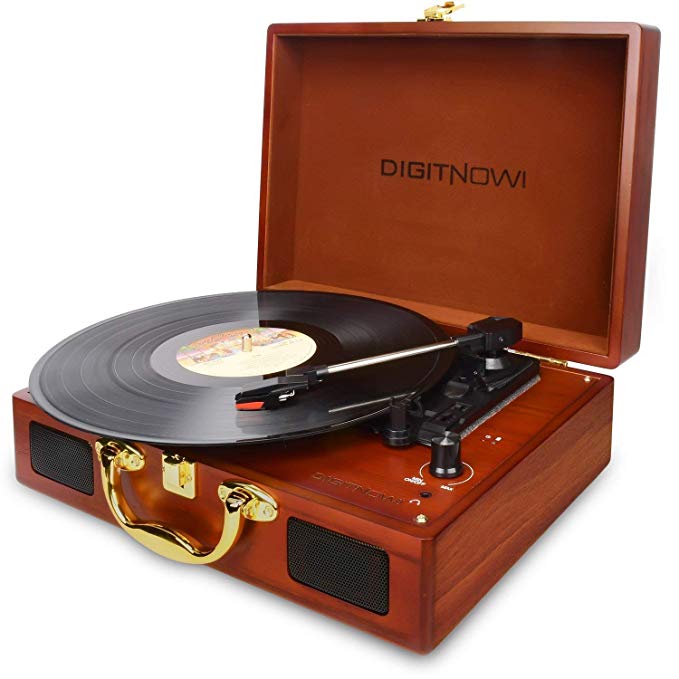 DIGITNOW! Rechargeable Record Player for Vinyl / LP, Belt-drive 3-Speed Turntable for Vinyl to MP3 Recording , with Stereo Speakers, Headphone Jack, 3.5mm Aux in, and RCA Line out, Natural Wood