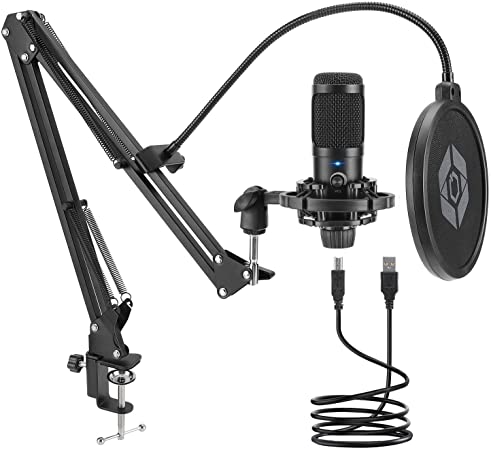 Studio Condenser USB Microphone Computer PC Microphone Kit with Adjustable Scissor Arm Stand and Mic Gain Knob Shock Mount for Instruments Voice Overs,Streaming Broadcast and YouTube Videos (Black)
