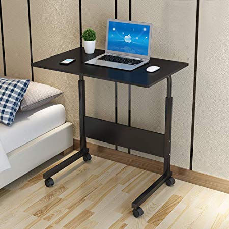 SSLine Rolling Sofa Side Snack Table Portable Laptop Computer Desk Stand with Wheels, Height Adjustable Mobile TV Breakfast Tray Bedside Slim Coffee Table, Wood Desktop with Metal Frame