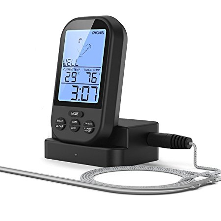 Cookey BBQ Remote Thermometer - Wireless Digital Kitchen Cooking Meat Thermometer for Oven Grill Smoker with Timer (Black)