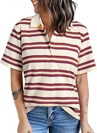 Dokotoo Womens Summer Tops Trendy V Neck Short Sleeve Polo Shirts Casual Striped Blouses Tops