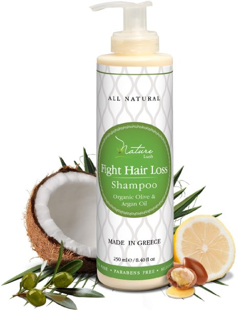 Nature Lush Organic Argan Anti-Hair Loss Shampoo with Rich Vitamins - Sulfate Free & Rich Saw Palmetto DHT Hair Root Treatment - For Men & Women - 100% Pure, All Natural - All Hair Types - 8.4 oz