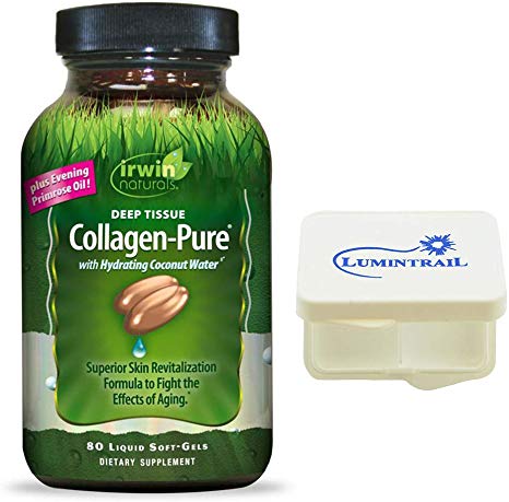 Irwin Naturals Deep Tissue Collagen-Pure Intense Skin Nourishment Aging Skin Revitalization with Hydrating Coconut Water Evening Primrose Oil - 80 Liquid Soft-Gels - Bundle with a Lumintrail Pill Case