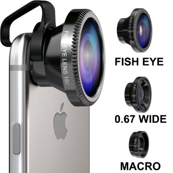 Oniza® 3 in 1 Camera Lens Kit HD [Universal] for iOS Android & Samsung Galaxy Smartphones (iPhone 4 4S 5 5S 6 6S Plus and iPad) - Detachable 0.65x Wide Angle, 180° Fish Eye & Macro Lens [Easy Clip On]