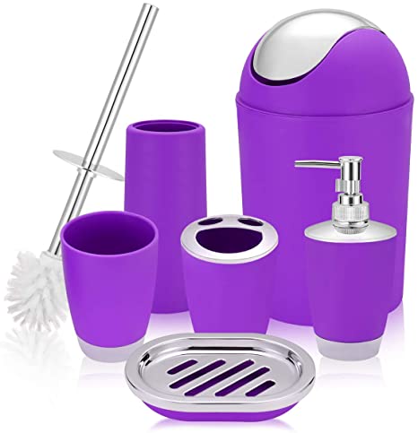 6 Piece Bathroom Accessories Set,Plastic Bath Ensemble Bath Set Lotion Bottles, Toothbrush Holder, Tooth Mug, Soap Dish, Toilet Brush, Trash Can (purple)