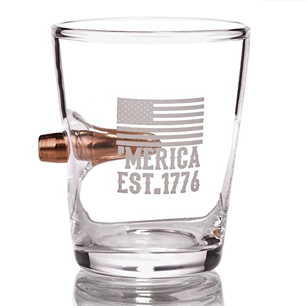 .308 Real Bullet hand-blown Shot Glass Engraved with American Flag 'MERICA
