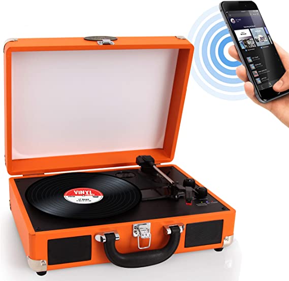 Upgraded Vintage Record Player - Classic Vinyl Player, Turntable, Rechargeable Batteries, Bluetooth, MP3 Vinyl, Music Editing Software Included, Works W/Mac & PC, 3 Speed - Pyle PVTTBT6OR (Orange)