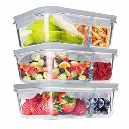 [3-Pack] Homgeek Glass Food Storage Container With Snap Locking Lid, Glass Meal Prep Containers with airtight, 2 Compartment Container Set, 33.44oz/950ml Capacity,FDA&LFGB Certified,BPA-free