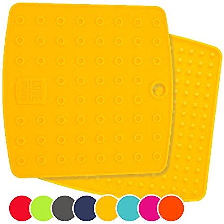 Holiday Sale! Premium 5 in 1 Silicone Kitchen Tool: Trivet Mat, Pot Holders, Spoon Rest, Jar Opener, Coaster - Heat Resistant Hot Pads - Thick & Flexible - Great Gifts for Her (Set of 2, Yellow)