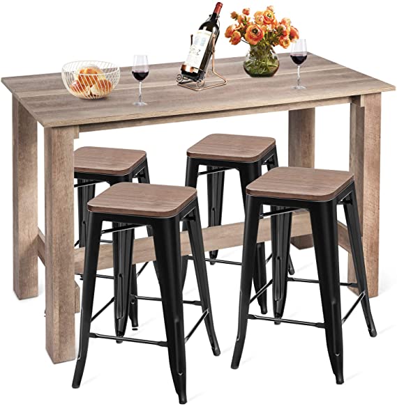 COSTWAY 5 Pcs Dining Table Set, Industrial Counter Height Dining Set with Wooden Table and 4 Metal Backless Barstools, Modern Kitchen Table and Chairs Set for Patio Bistro Restaurant Cafe