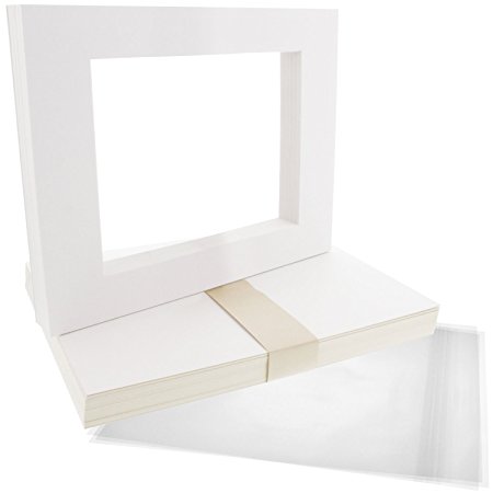 US Art Supply Art Mats Brand Premier Acid-Free Pre-Cut 11x14 White Picture Mat Matte Sets. Includes a Pack of 25 White Core Bevel Cut Mattes for 8x10 Photos, Pack of 25 Backers & Pack of 25 Crystal Clear Plastic Sleeves Bags.